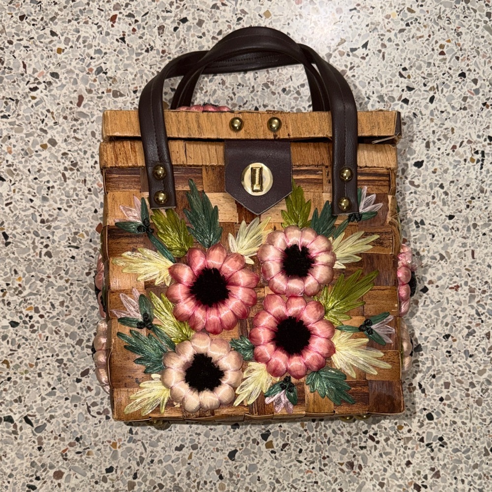 Floral Embroidered Straw Tote Bag with Brown Handles